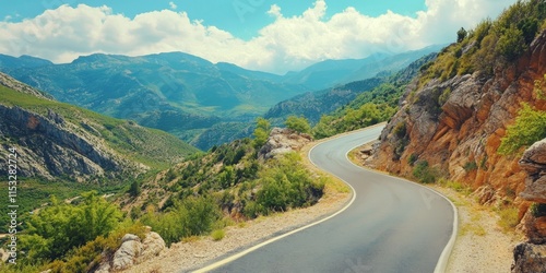 Scenic asphalt road winding through majestic mountains, ideal for a thrilling road trip. Experience the stunning beauty of this asphalt road against a backdrop of breathtaking landscapes. photo