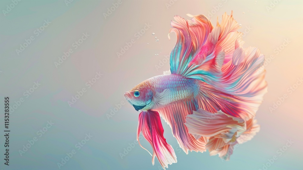 Fototapeta premium A dazzling betta fish with flowing, multicolored fins, suspended gracefully in water against a plain background.