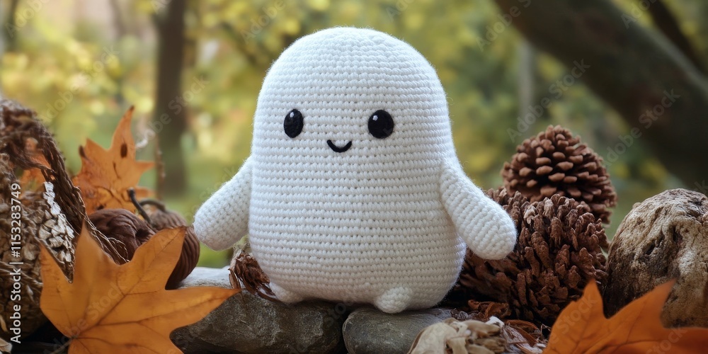 Obraz premium Adorable crochet ghost stuffed animal, perfect for adding a charming touch to any space. This cute crochet ghost stuffed animal makes an exceptional gift for ghost enthusiasts of all ages.