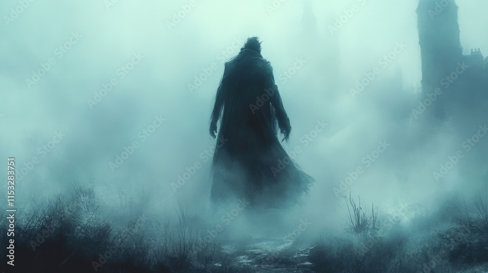 Mysterious Figure in Foggy Landscape Mysterious Figure in Foggy Landscape