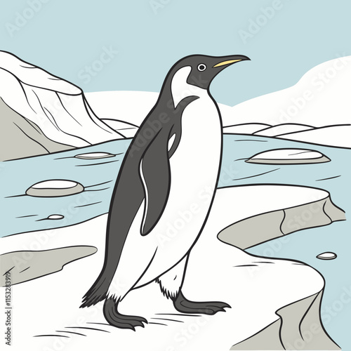 A vector artwork of Emperor Penguins walking on an icy beach, showcasing the majestic beauty of nature in cold landscapes.