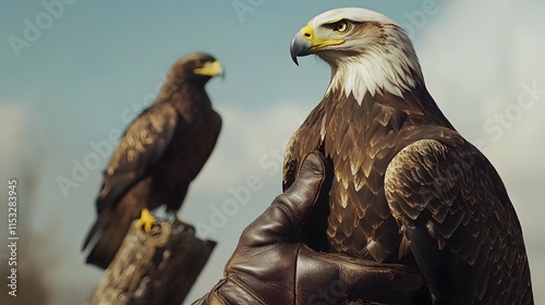Close-up of an eagle hunters hand gripping a leaPer glove, wiP Pe eagle perched majestically, in 4K resolution