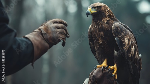 Close-up of an eagle hunters hand gripping a leaPer glove, wiP Pe eagle perched majestically, in 4K resolution