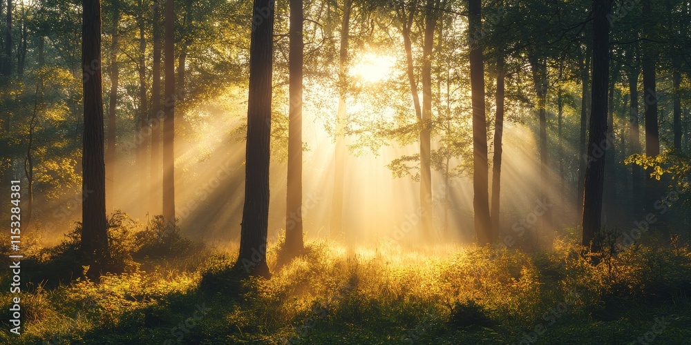 Obraz premium Sunlight filters through the trees at dawn in a lush forest, creating a serene atmosphere. This enchanting scene showcases the beauty of sunlight and the tranquility of the forest.