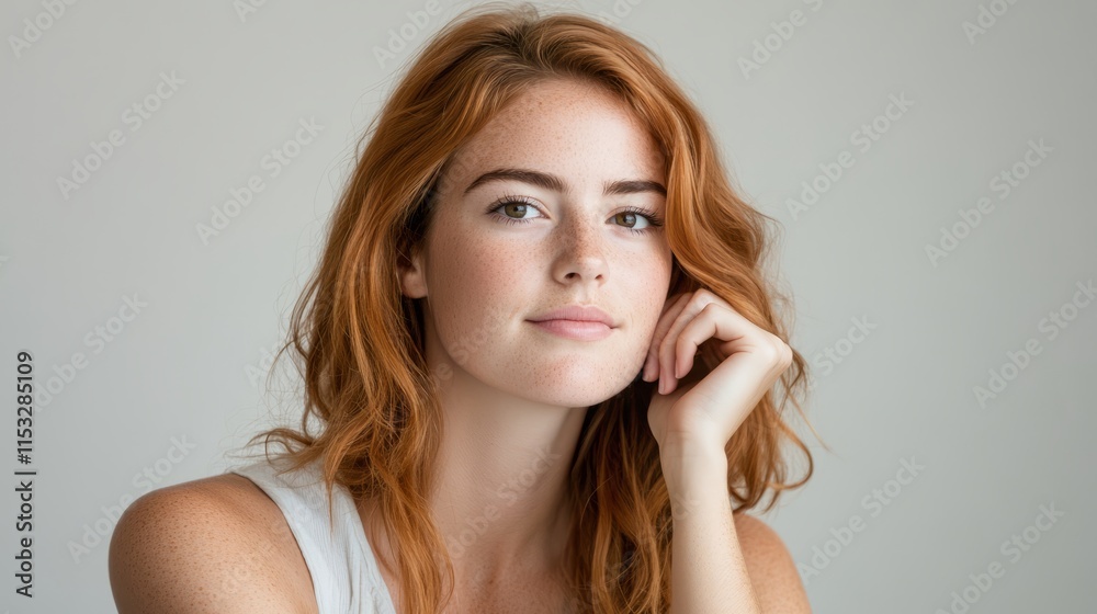 Fototapeta premium A woman with red hair is smiling and looking at the camera