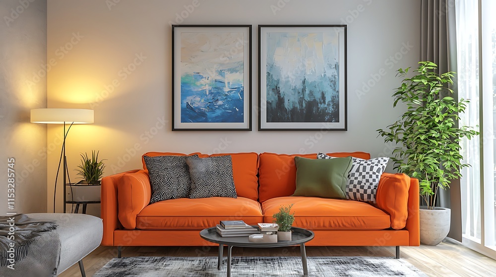 Fototapeta premium Modern Living Room with Orange Sofa and Abstract Art