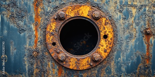 Rusty cover of a sewage shaft, highlighting the weathered texture and industrial design. This sewage shaft represents urban infrastructure and its wear over time. photo