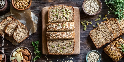 Quark protein bread made with oat bran, lupine flour, almond, pumpkin seeds, and other healthy ingredients provides a nutritious option for a low diet, beautifully arranged on a wooden table. photo