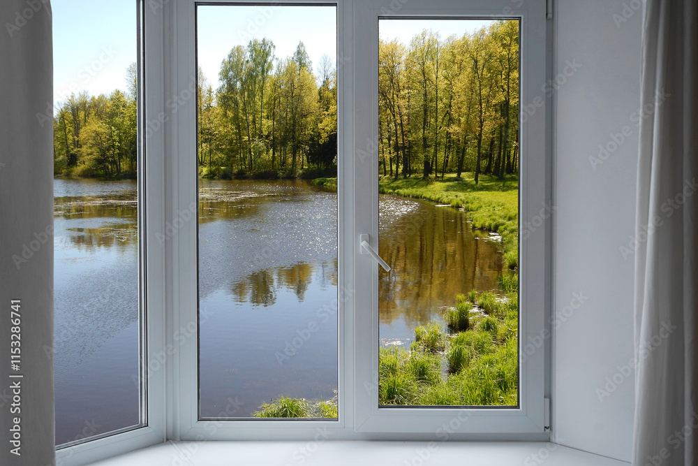 Obraz premium View from the window, green trees, landscape with pond and forest.
