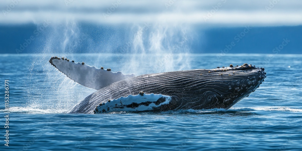 Fototapeta premium Defocused humpback whale displaying its fin and creating splashes while being observed from a boat during an exciting tour featuring humpback whale encounters.