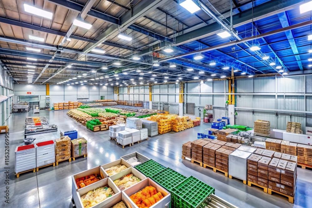 Fototapeta premium Panoramic View of a Modern, Climate-Controlled Food Production Warehouse