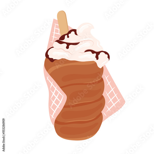 Vector illustration of trdelnik isolated. Traditional spit cake in local market. Hand drawn trdlo with whipped cream. National Czech dessert. European street food. Chimney cake or kurtoskalacs
