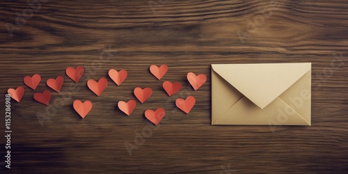 Distance love concept featuring a kraft envelope and blank postcard symbolizes the essence of distance love. A paper airplane flies along a route made of heart shaped cards, celebrating Valentine s photo