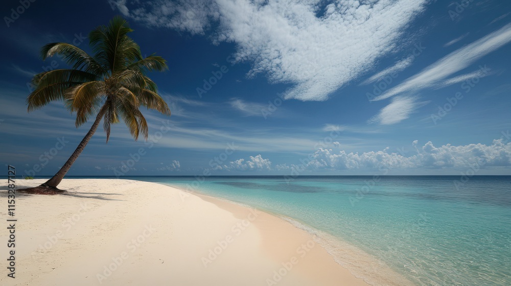 Fototapeta premium Serene Tropical Paradise: Lone Palm Tree on Pristine Beach