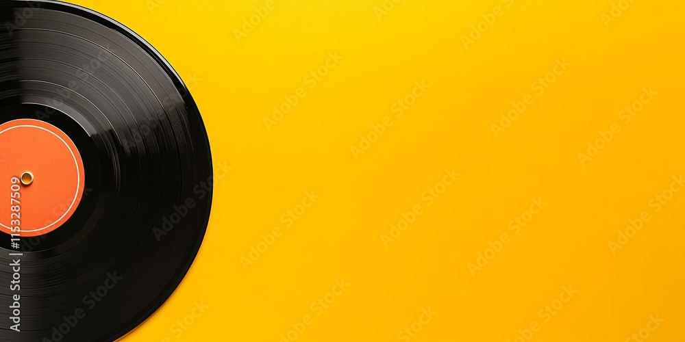 Flat lay featuring a vinyl record on a vibrant yellow background, showcasing a minimal yet creative concept centered around the vinyl record aesthetic. Discover the unique charm of vinyl records.
