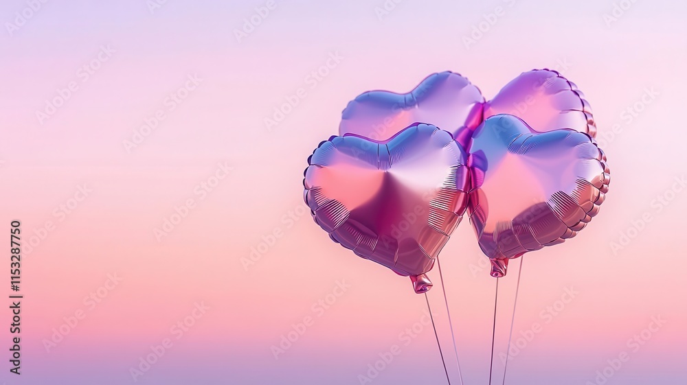 Fototapeta premium Futuristic holographic heart balloons floating in a romantic pink and purple sci-fi sky