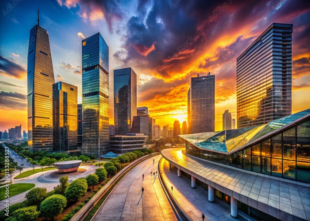 Fototapeta premium Panoramic View of Enigmatic Modern Architecture in Vibrant Cityscape