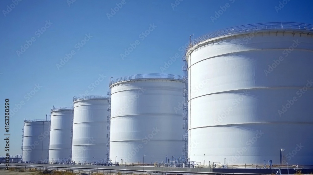Large White Industrial Storage Tanks Under Blue Sky Large White Industrial Storage Tanks Under Blue Sky
