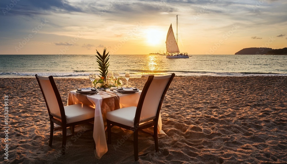 Fototapeta premium Cozy beachside dinner setting with a sailboat in the background at sunset. romance