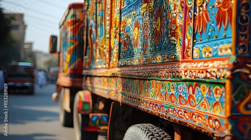 Close-up of vibrant truck art decorations on a bustling street in Peshawar, glowing under bright midday light, in 4K resolution
