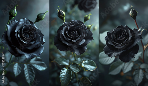 set of single black rose flower on dark backdrop