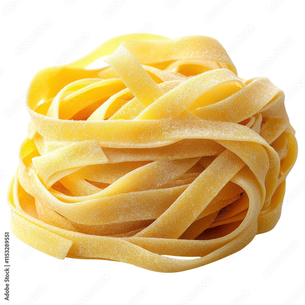 Fresh fettuccine pasta piled on a white surface ready for cooking or serving with sauce Fresh fettuccine pasta piled on a white surface ready for cooking or serving with sauce