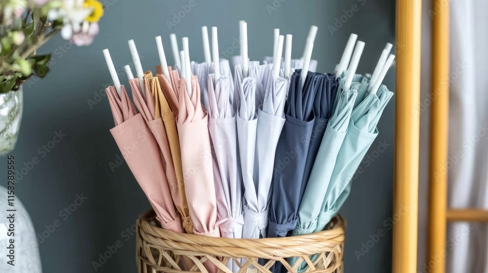 Elegant Display of Colorful Umbrellas in a Stylish Basket Arrangement Elegant Display of Colorful Umbrellas in a Stylish Basket Arrangement