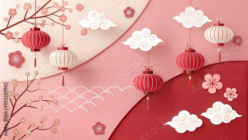 hinese New Year lanterns clouds flowers red theme prosperity celebration festive traditional Chinese culture greeting card background photo