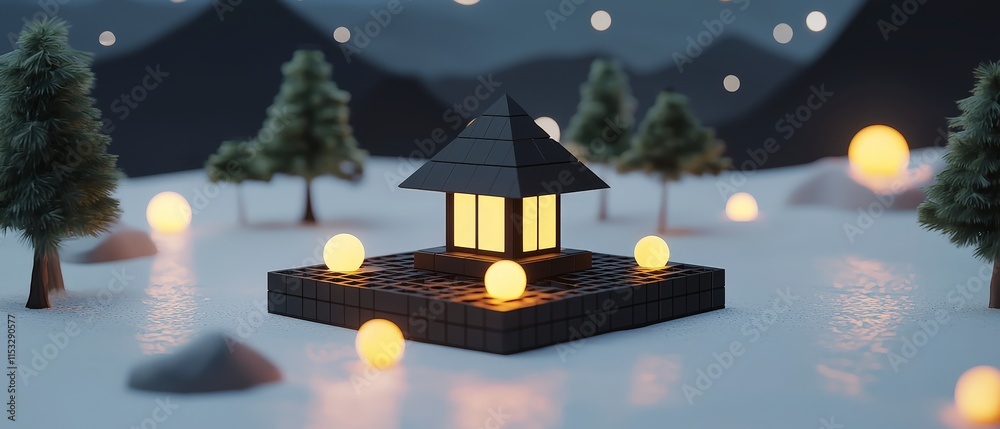 Fototapeta premium Illuminated Lantern House in Snowy Winter Landscape