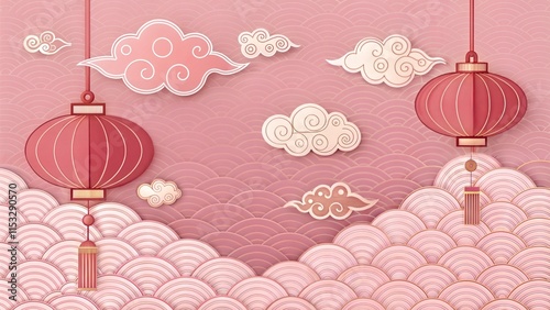 Paper texture inspired element lanterns clouds Chinese new year spring festival gold red wavy pattern prosperity