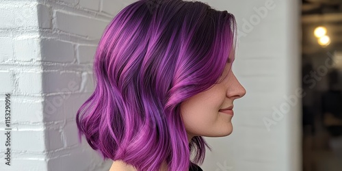 A side view of a woman featuring vibrant purple hair. This profile highlights her unique hair color, showcasing the striking hue of her purple locks. photo