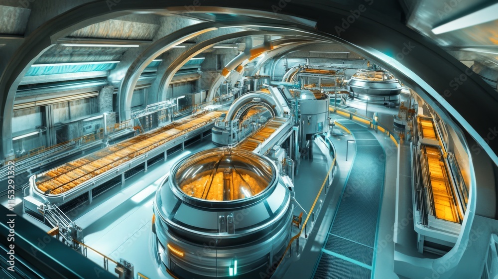Fototapeta premium Futuristic factory interior with advanced machinery and conveyor belts.
