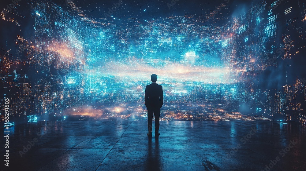 Silhouette of a businessman looking at a futuristic background Silhouette of a businessman looking at a futuristic background