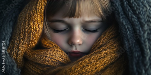 The ill young girl, feeling sadness from her throat and head pains, finds comfort in her warm scarf, showcasing the connection between warmth and care during times of illness. photo