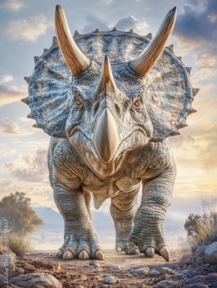 Fototapeta premium A realistic depiction of a Triceratops walking through a scenic landscape.