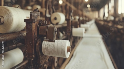 Vintage Textile Factory Machinery Spinning White Cotton Thread