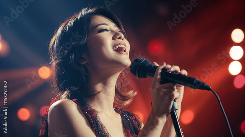 Asian woman in karaoke. 
