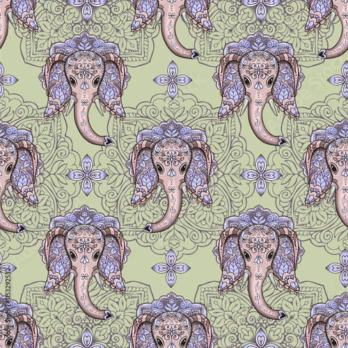 Elephant head with ornamental mandala outline seamless pattern design in Indian style