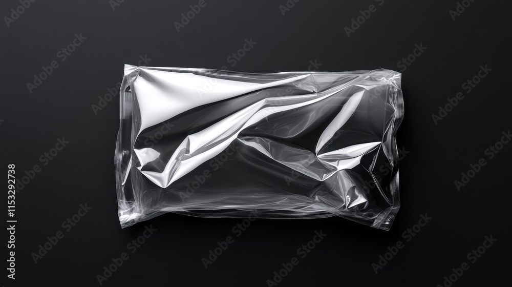 Transparent plastic bag with wrinkles and folds, lying flat on a dark surface Transparent plastic bag with wrinkles and folds, lying flat on a dark surface