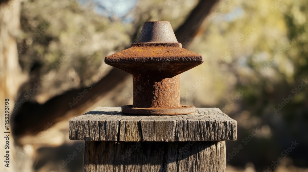 Up-Close View of a Weathered Metal Insulator on a Timber Pole, Highlighting Corrosion-Resistant Rust Prevention Up-Close View of a Weathered Metal Insulator on a Timber Pole, Highlighting Corrosion-Resistant Rust Prevention