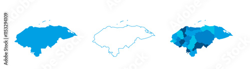 Honduras set of three maps - solid map, outline map and map highlighting administrative divisions. Three distinct maps illustrate various representations of a geographical area.