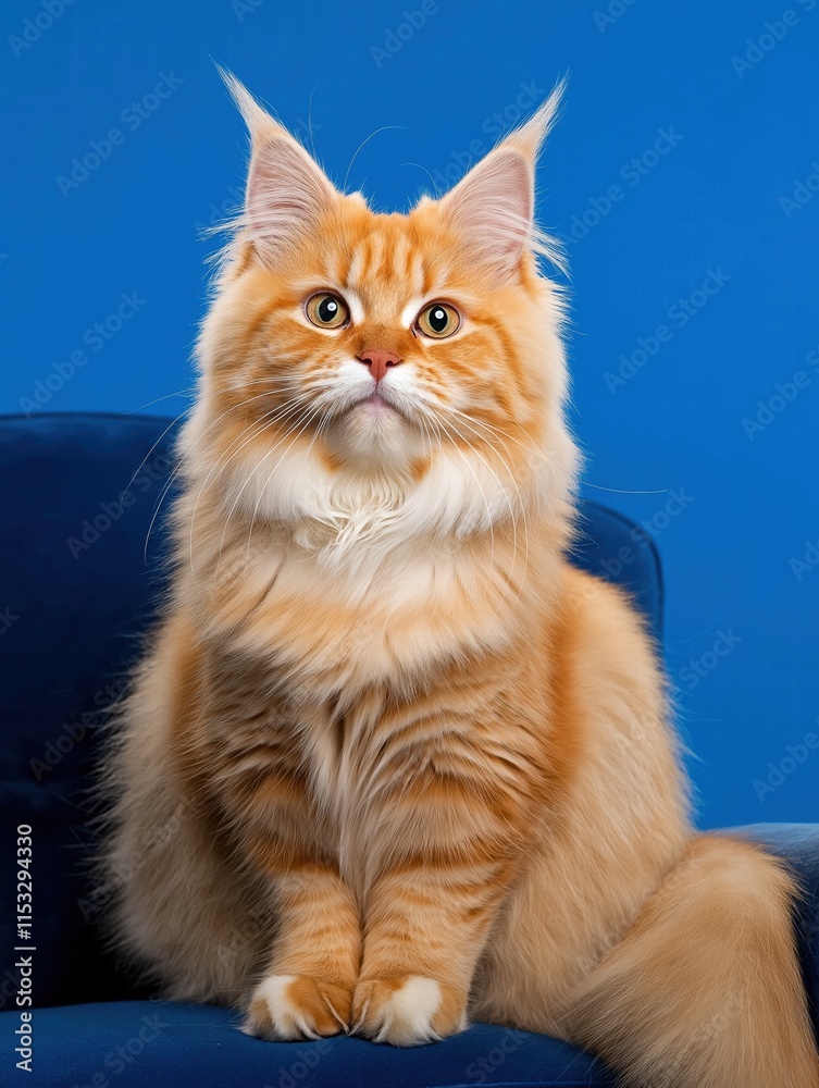 Obraz premium Majestic Red Maine Coon Kitten Posing on Blue Chair