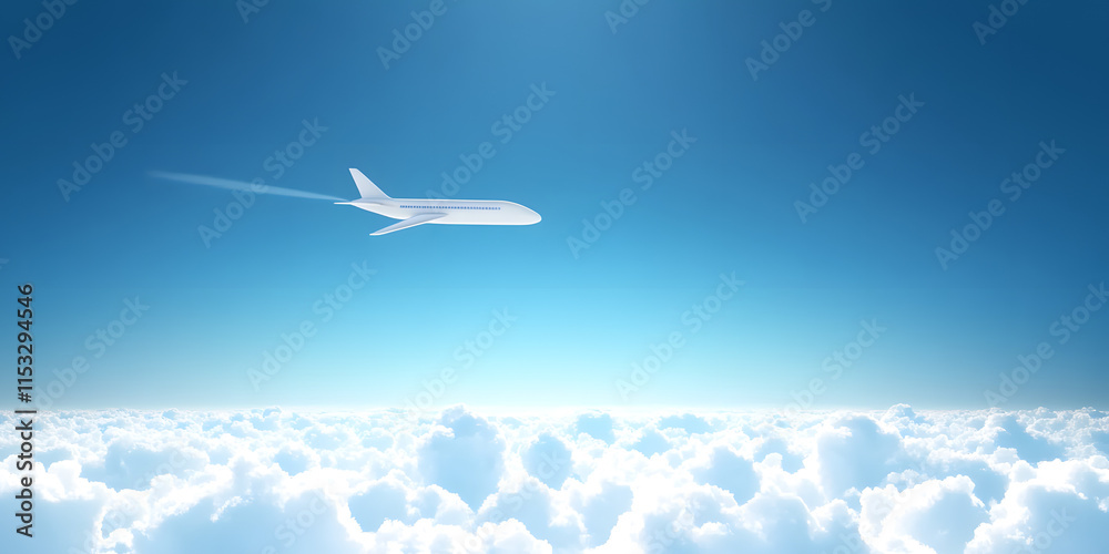 Fototapeta premium White plane in the blue sky flying above the clouds. Vector background template for web page header