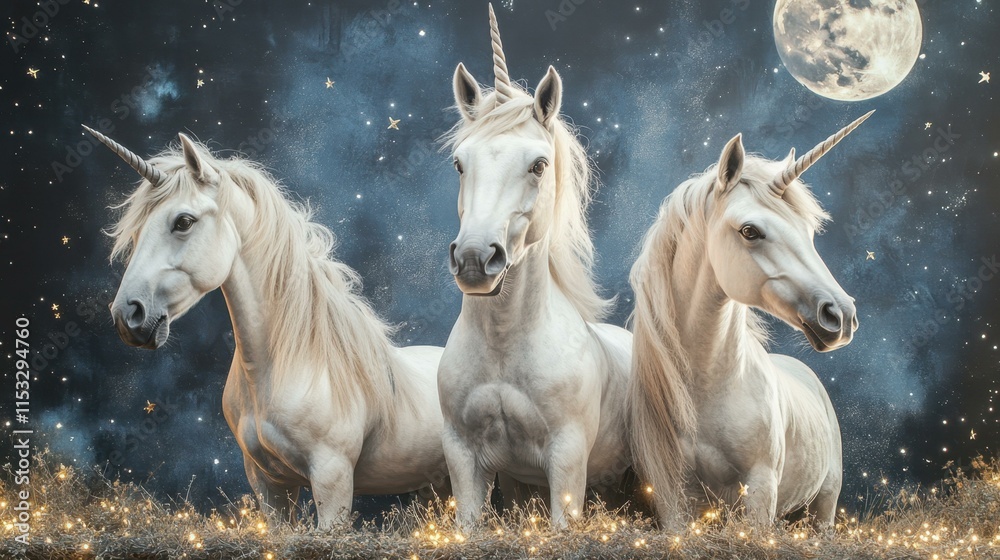 Fototapeta premium Moonlit Unicorns. waifu2x GitOps Romantasy ZTNA Post Quantum Cryptography Site reliability engineering Dezgo Playbet Zerion Wefunder Three white under full moon magical fantasy