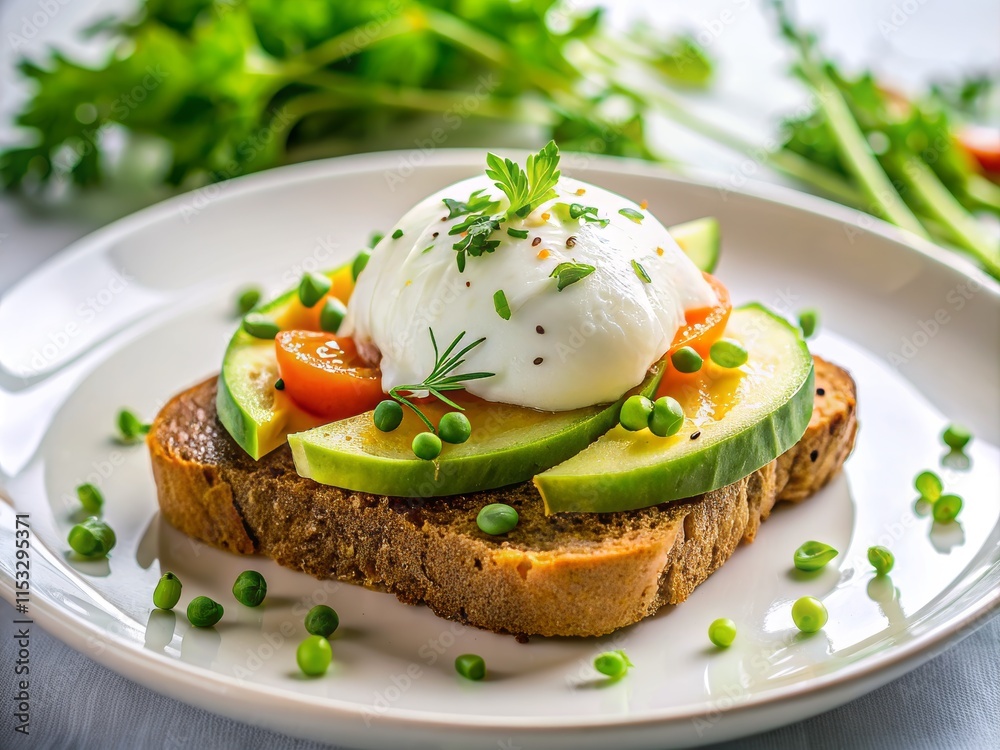 Toaster with poached egg and avocado on a white plate. Toaster with poached egg and avocado on a white plate.
