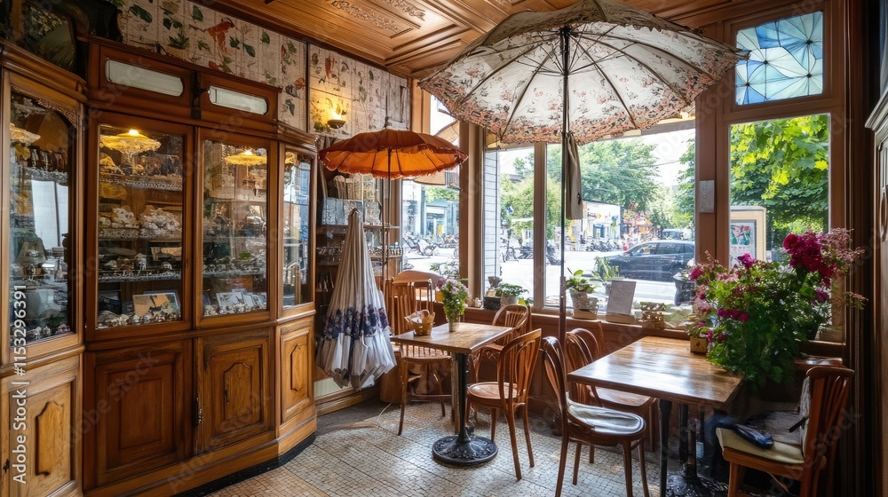 Fototapeta premium Cozy Vintage Café Interior with Decorative Umbrellas and Flowers