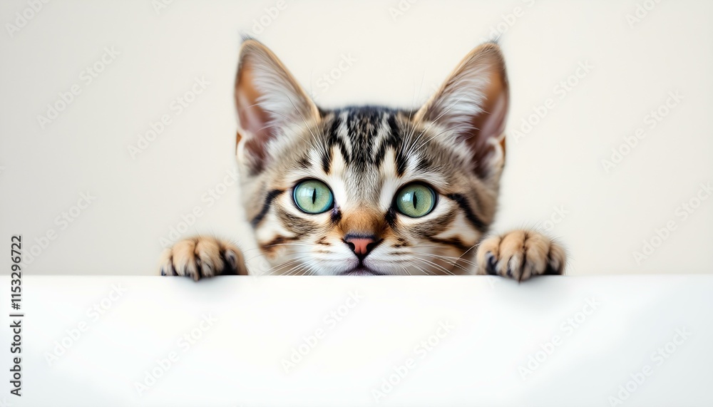 A curious cat leans over the edge of a white board, showcasing its playful nature and inquisitive expression A curious cat leans over the edge of a white board, showcasing its playful nature and inquisitive expression
