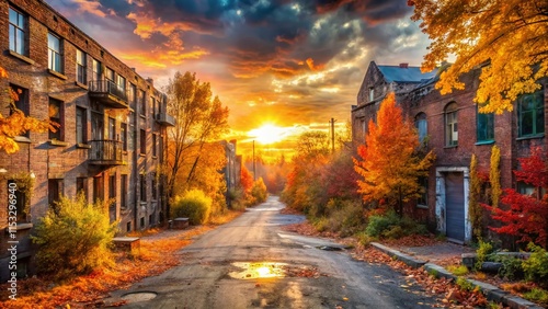 Picturesque Autumn Urban Exploration: Colorful Fall Foliage in Cityscape