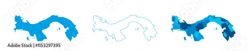 Panama set of three maps - solid map, outline map and map highlighting administrative divisions. Three distinct maps illustrate various representations of a geographical area.