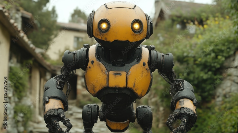 Yellow robot in old town. Yellow robot in old town.